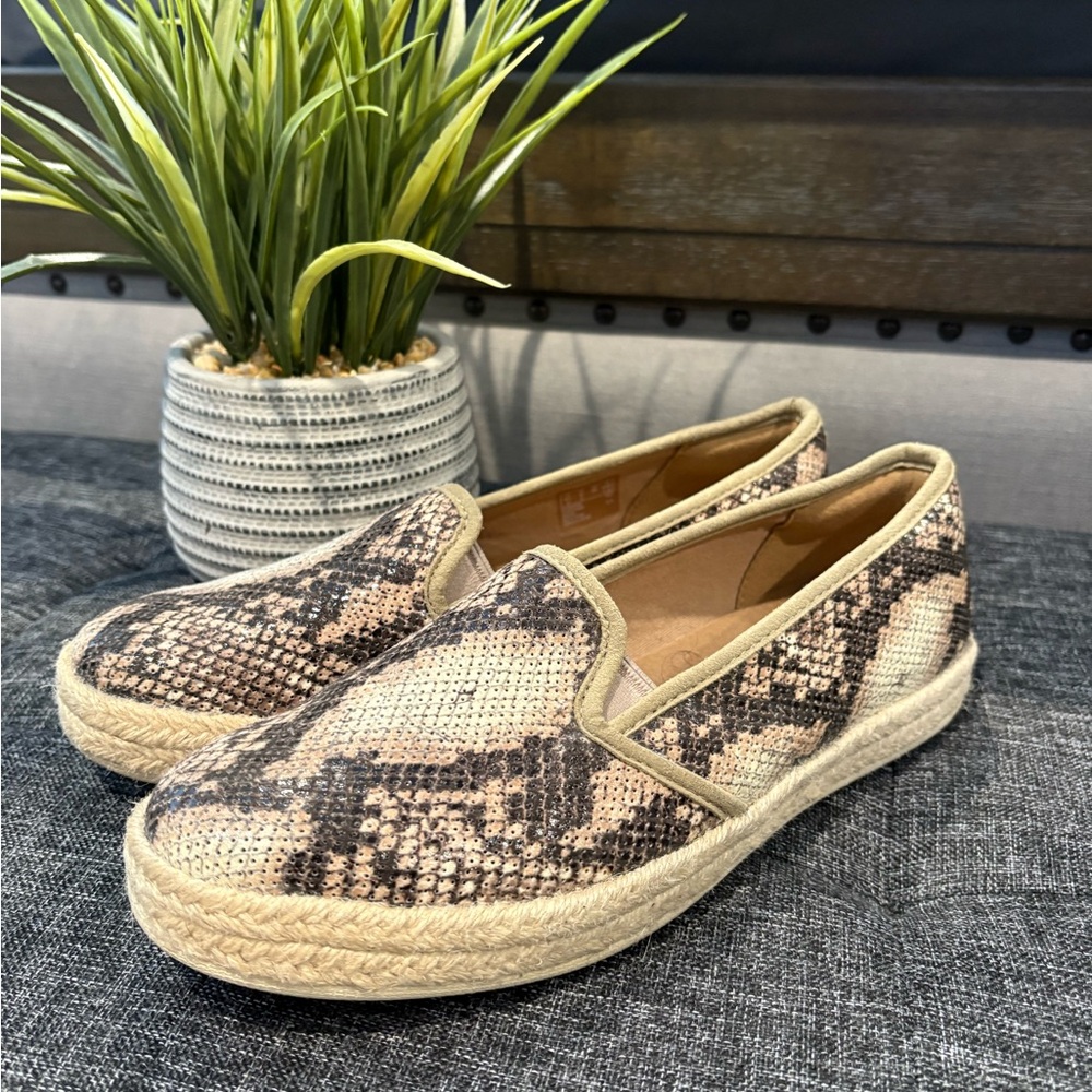 Clarks Cream and Brown Espadrille Flats Snake Print